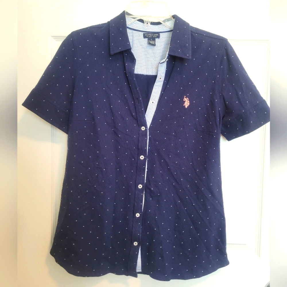 US Polo Assn Woman's Navy Blue Polo Shirt with White Dots L